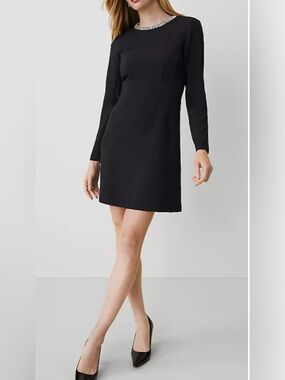 NEW ANN TAYLOR BLACK PETITE JEWELED NECK DRESS SZ 00P 00